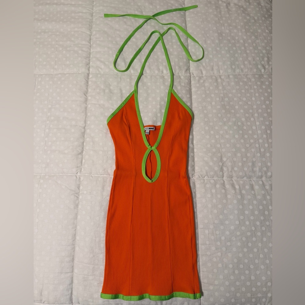 Orange Halter Dress with Green Trim
